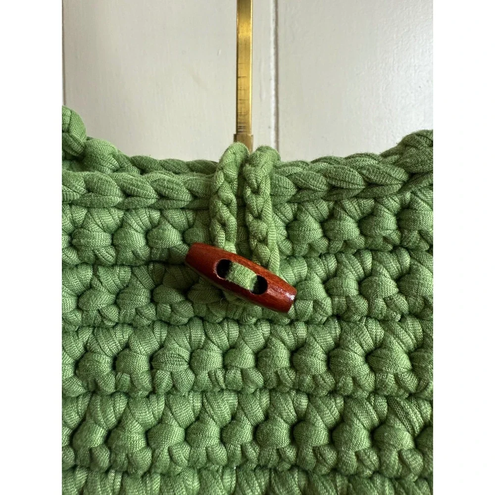 Crochet Shoulder Bag Women's Green Knitted Purse Wooden Button Closure Hobo